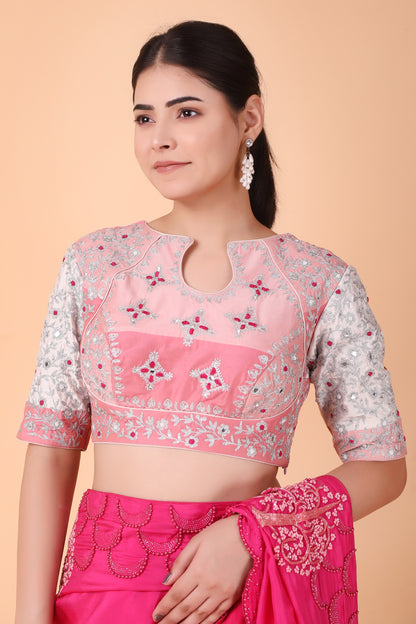 Magenta Silk Lehenga Saree With Mirror And Pearl Work Blouse And Pure Silk Pallu