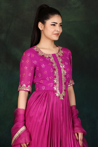Magenta Flared Anarkali Set Featuring Gota Patti Detailing and Organza Dupatta