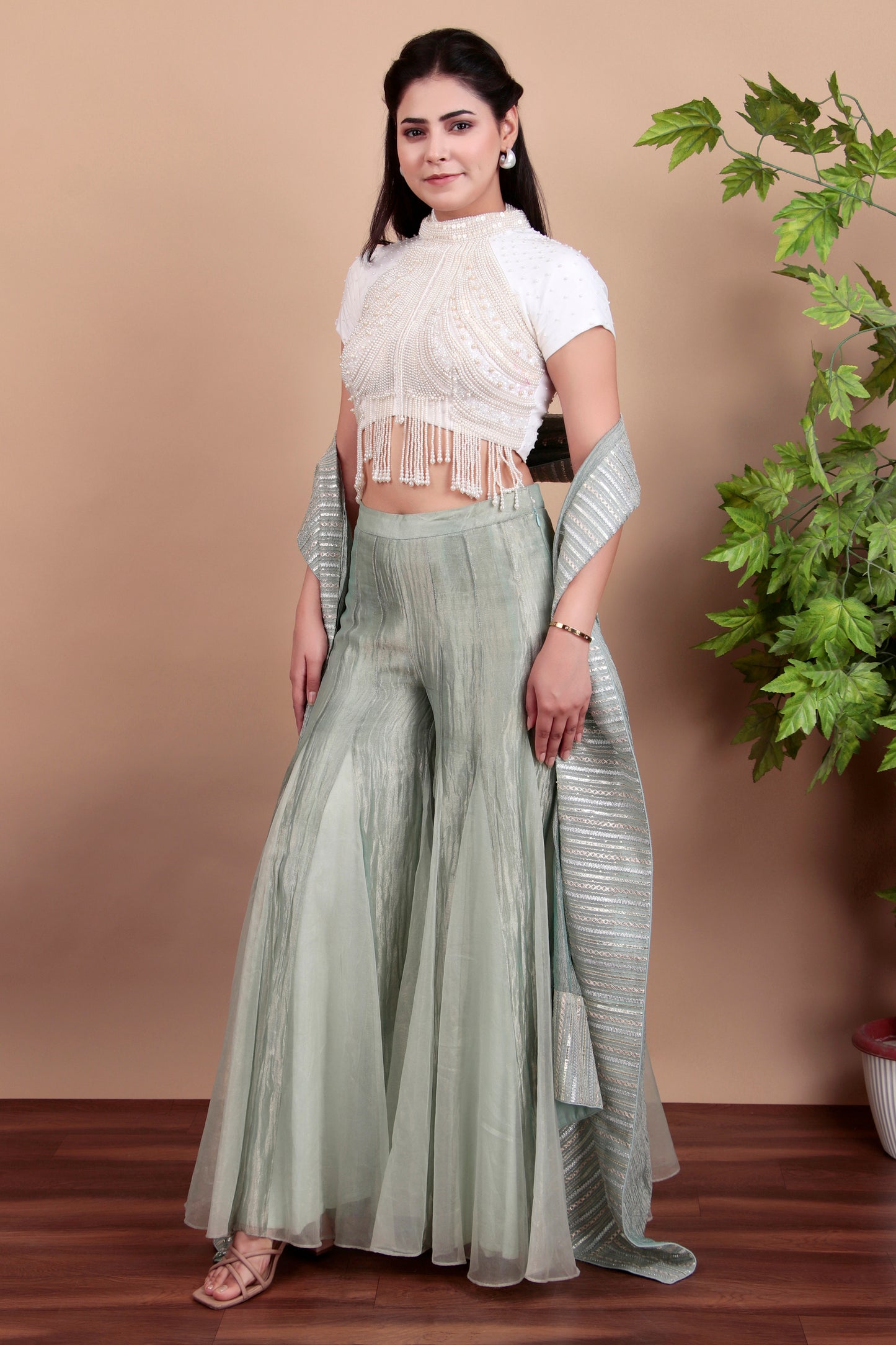 Pastel Green Fusion Plazo Saree with Hand-Embroidered Pallu and Bead-Work Blouse