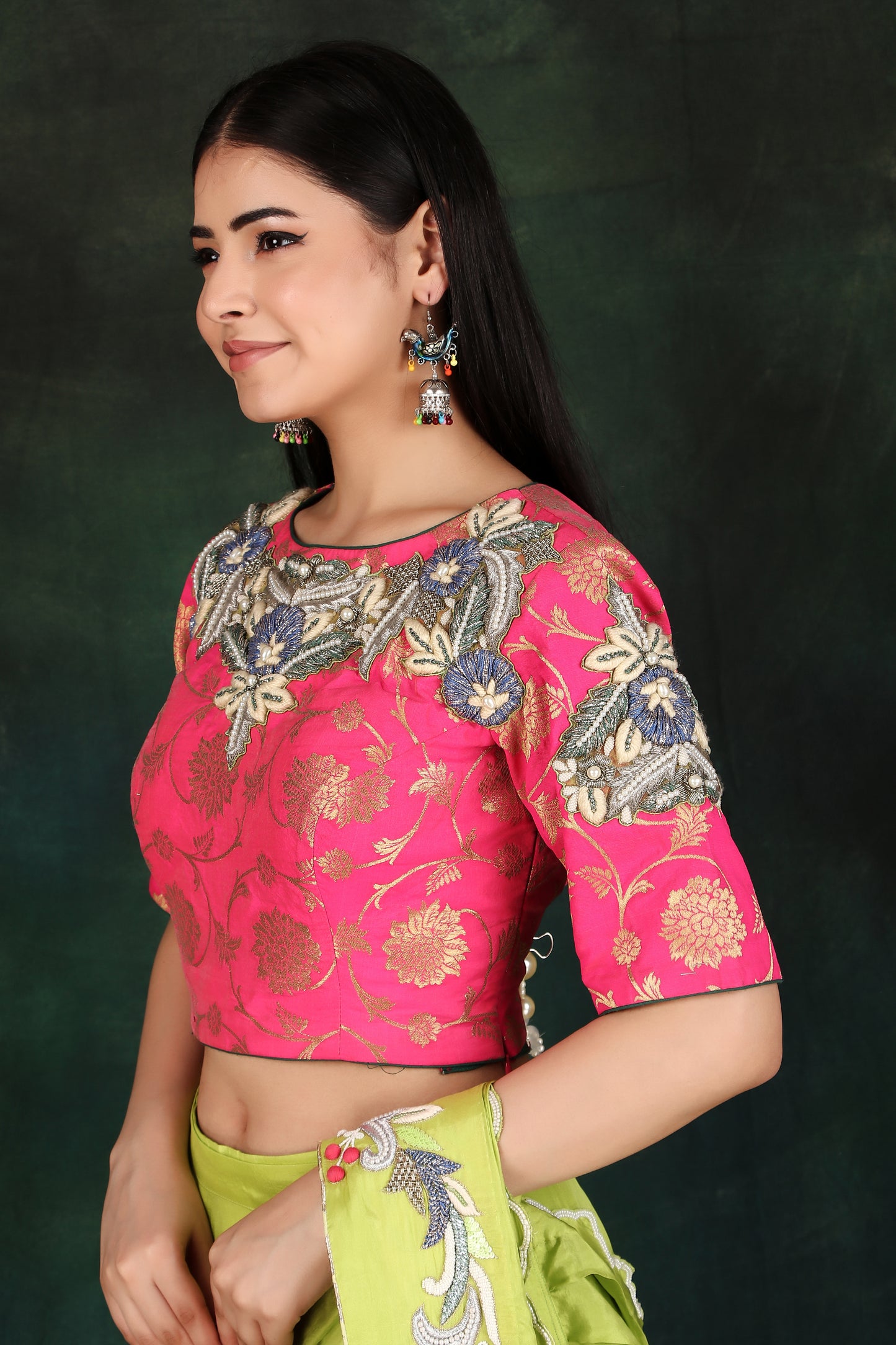 Luxury Parrot Green Lehenga Style Saree with Half Silk Half Organza Skirt and Magenta Handworked Brocade Blouse
