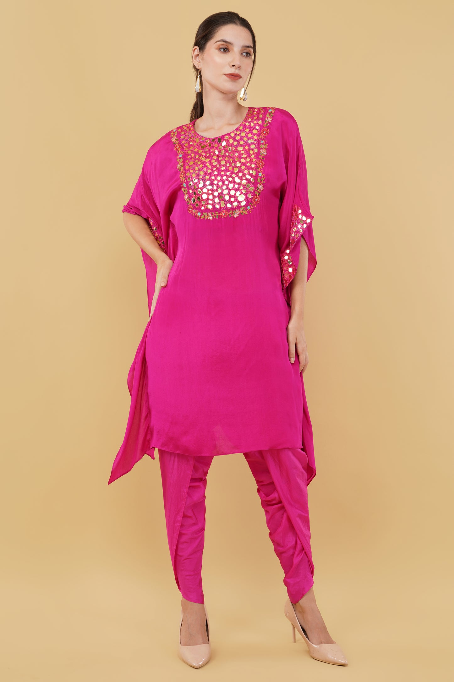 Magenta Kaftan Set with Heavy Mirror And Thread Work Neckline