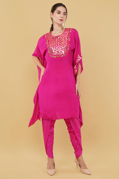 Magenta Kaftan Set with Heavy Mirror And Thread Work Neckline
