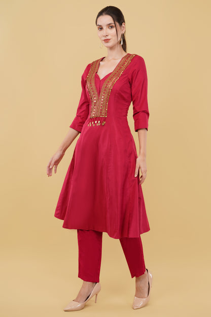 Red Silk A-Line Kurta Set with Heavy Metal Handworked Neckline