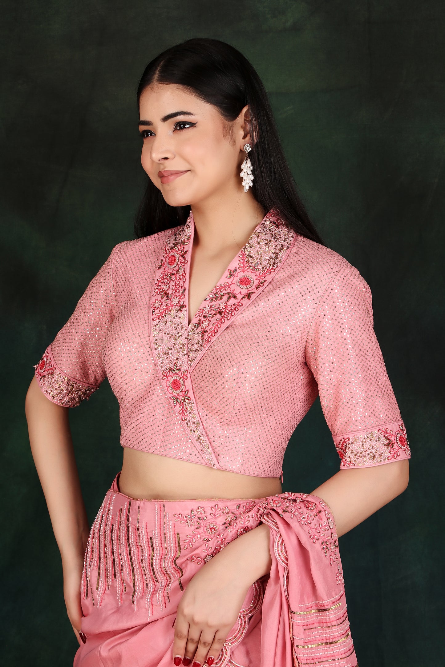 Peach Lehenga Saree with Embroidered Collar Blouse and Handwork Silk Pallu
