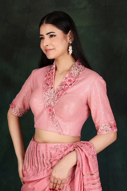 Peach Lehenga Saree with Embroidered Collar Blouse and Handwork Silk Pallu