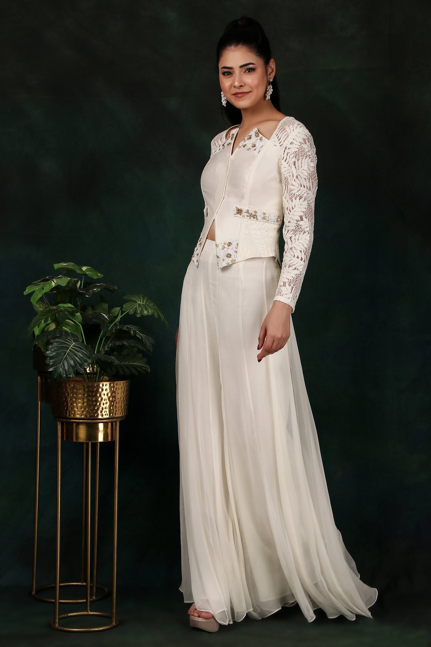 Cream Indo-Western Set with Kali Chiffon Palazzo Zardozi Corset Top And Chandelier Sleeves