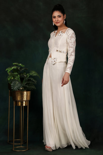 Cream Indo-Western Set with Kali Chiffon Palazzo Zardozi Corset Top And Chandelier Sleeves