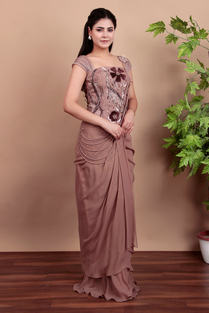 Mouse Grey Draped Saree with Floral-Geometric Hand-Embroidered Blouse and Pearl-Accented Drape