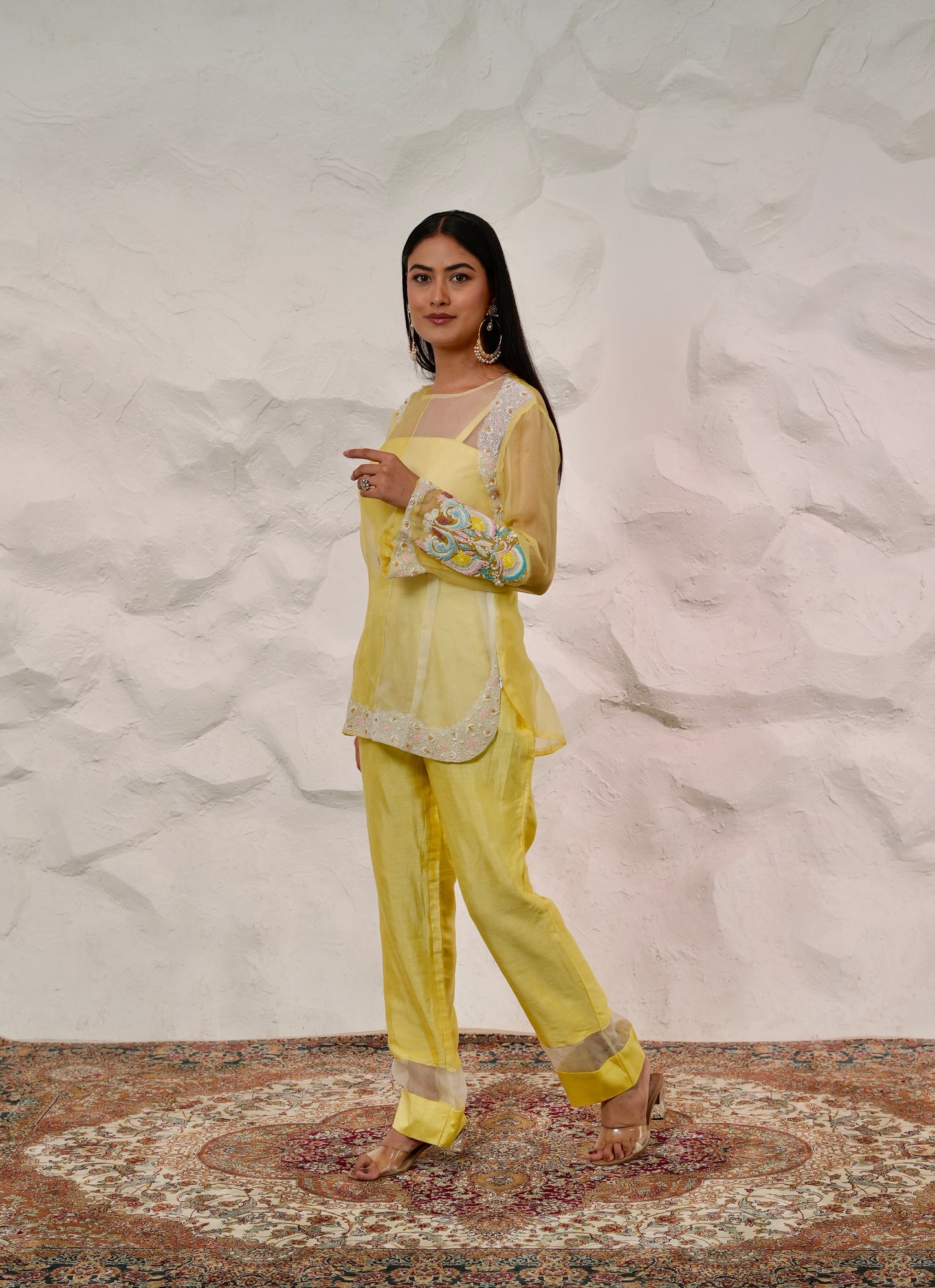 Designer Organza Short Kurti And Dupion Silk Pant Set With Dori Work