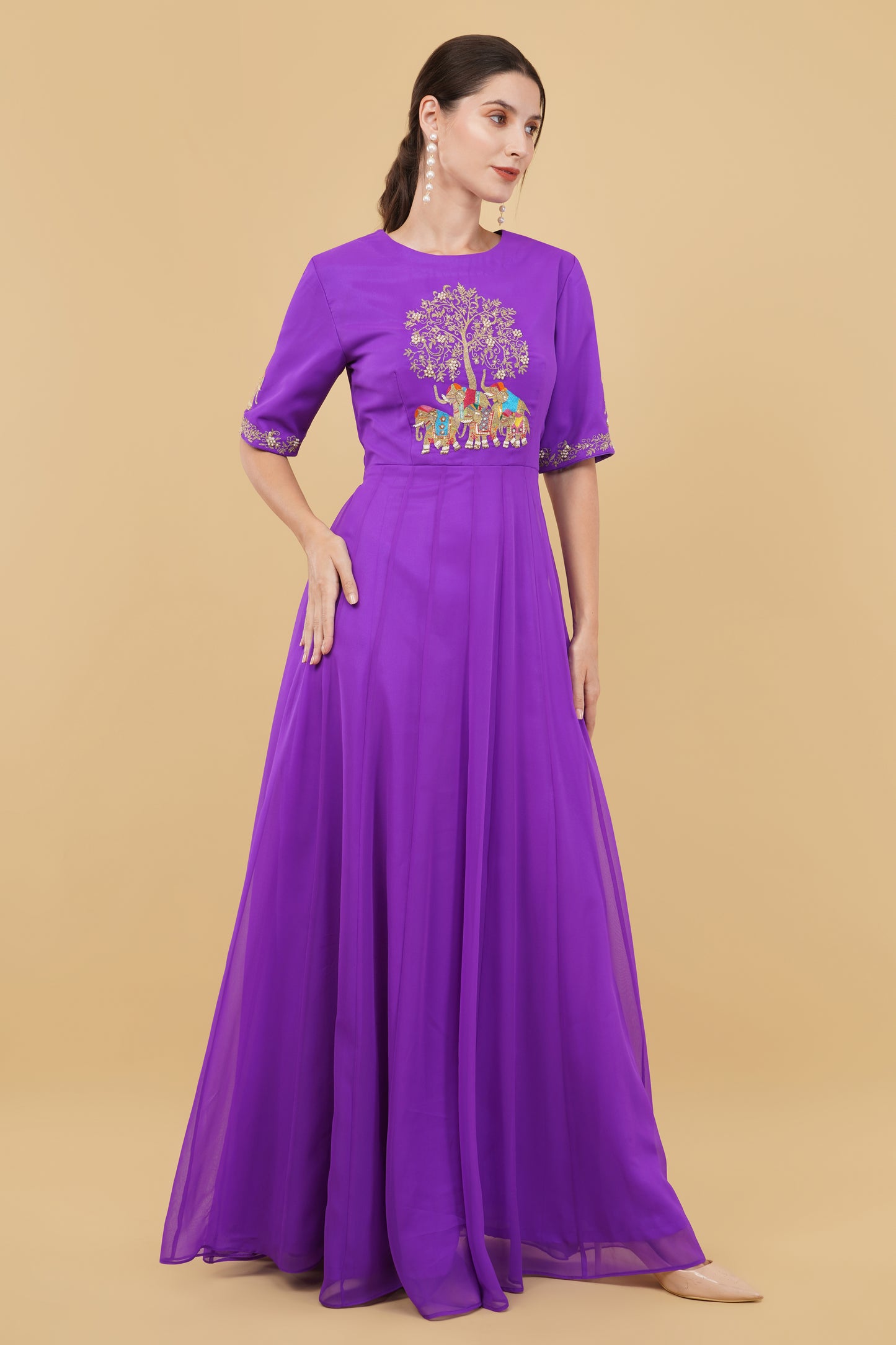Designer Purple Anarkali Kurta Featuring Elephant Motif Handwork