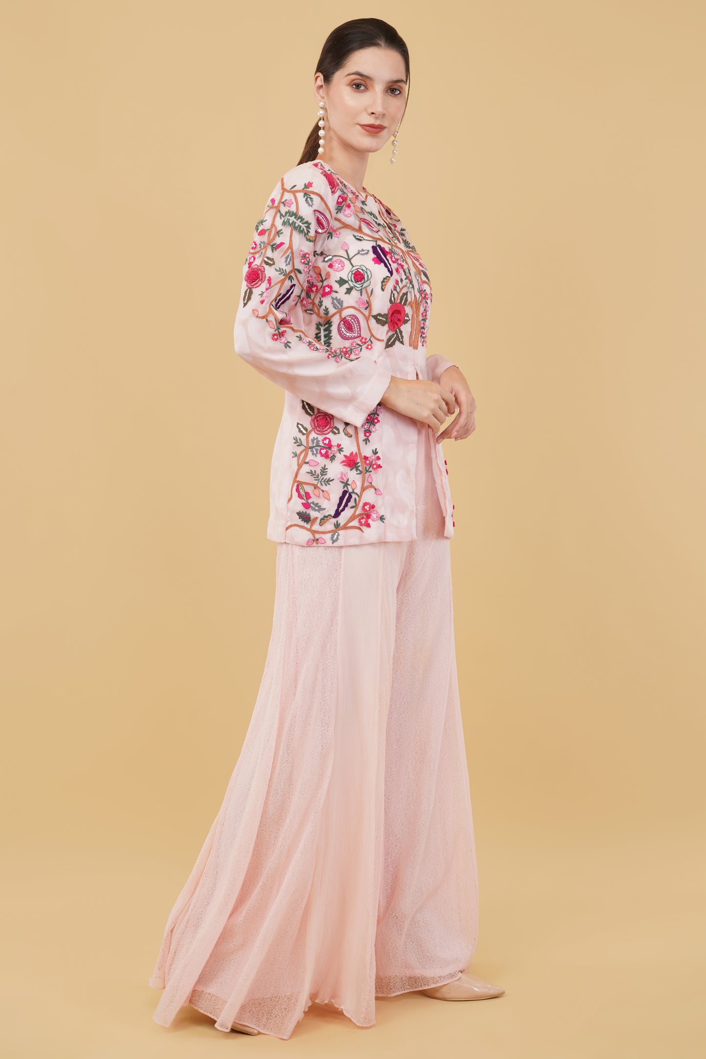 Pink Self Chanderi Kurti Set with Multicolor Thread Work and Sequin Cutdana Jacket