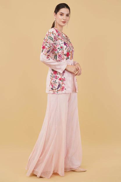 Pink Self Chanderi Kurti Set with Multicolor Thread Work and Sequin Cutdana Jacket