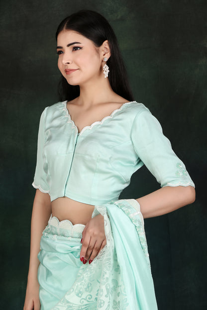 Embroidered Aqua Saree Set with Organza Skirt & Sequin-Cutdana Blouse