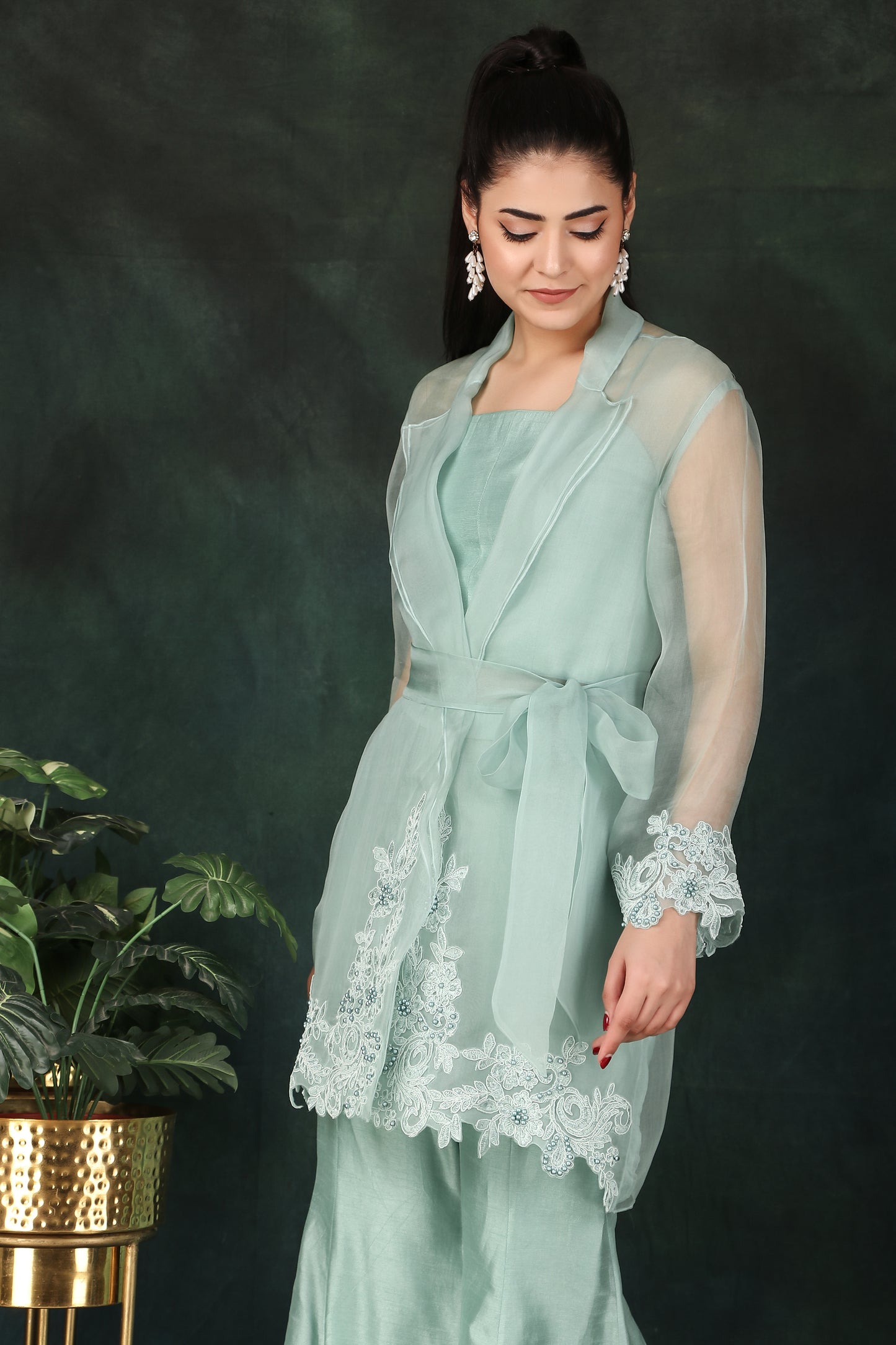 Aqua Party Wear 3 Piece Set with Pearl-Embellished Coat Bustier Top And Dori Palazzo