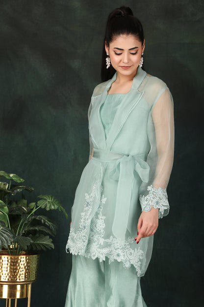 Aqua Party Wear 3 Piece Set with Pearl-Embellished Coat Bustier Top And Dori Palazzo