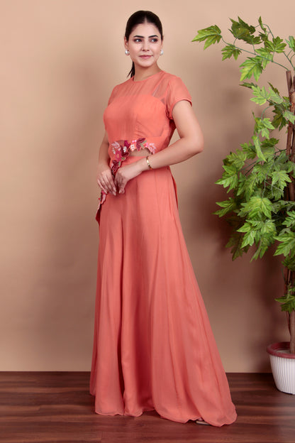 Elegant Coral Indo-Fusion Ensemble Featuring Sheer Top and Flared Palazzo
