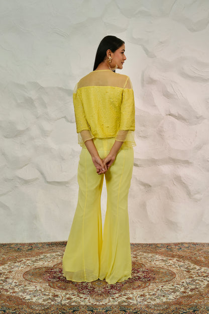 Elegant Yellow Indo Western Palazzo Set with Handworked Organza Jacket