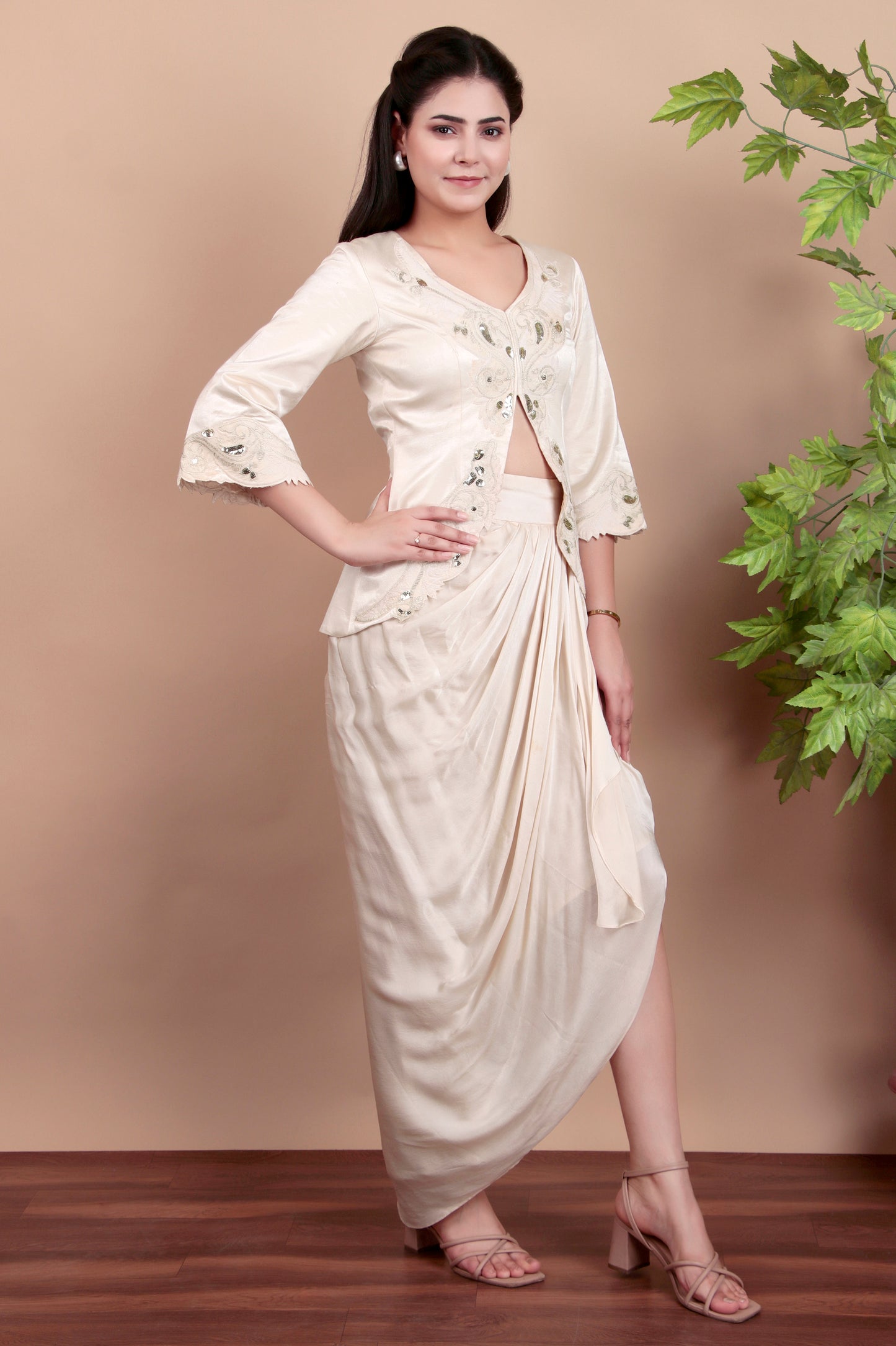 Ivory Luxury Indo-Western Ensemble with Intricate Sequin Zari Jacket and Draped Skirt