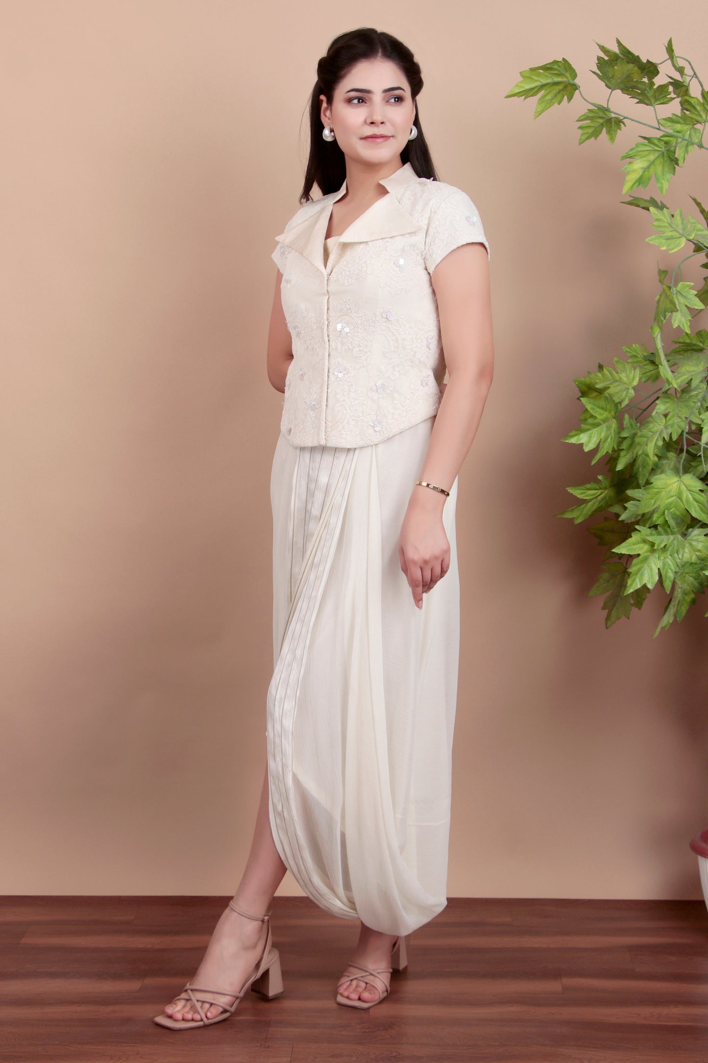 White Indo-Western Jacket Skirt Set with Sequin & Pearl Embroidery