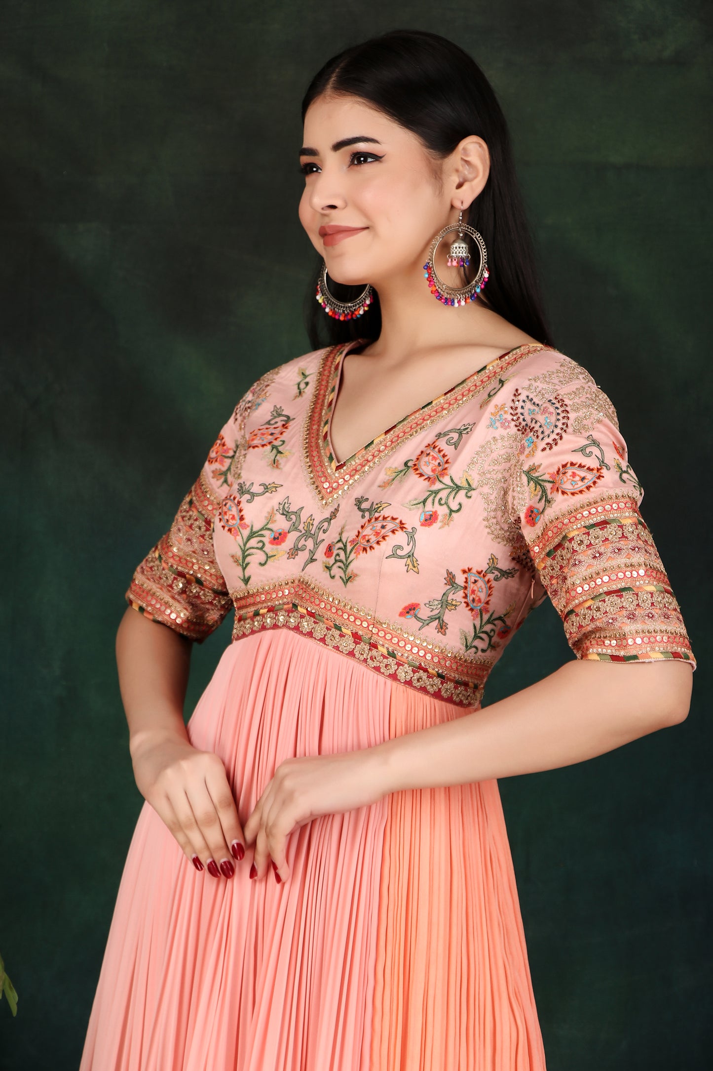 Elegant Peach Georgette Gathered Anarkali with Thread Work and Lace Detailing