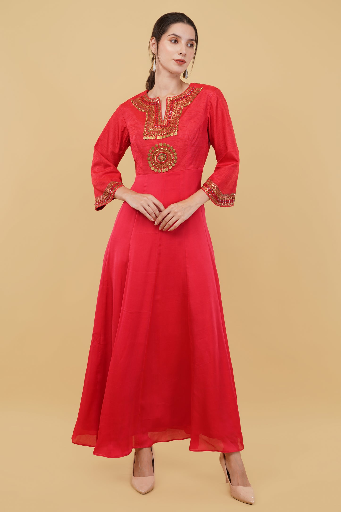 Elegant Red Floor-Length Anarkali with Detailed Neck Embroidery and Decorative Bell Sleeves