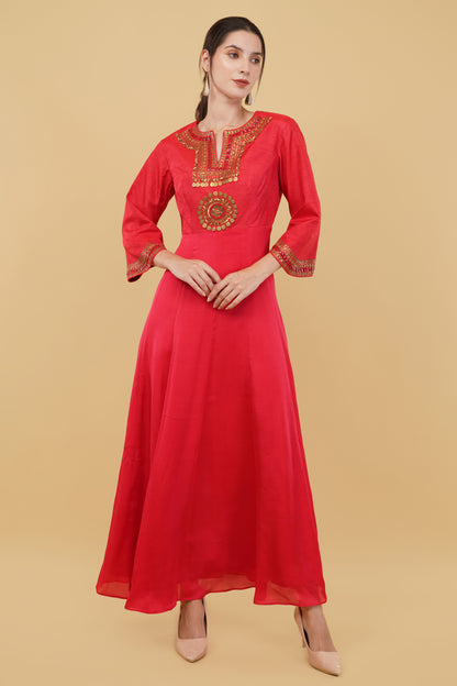 Elegant Red Floor-Length Anarkali with Detailed Neck Embroidery and Decorative Bell Sleeves