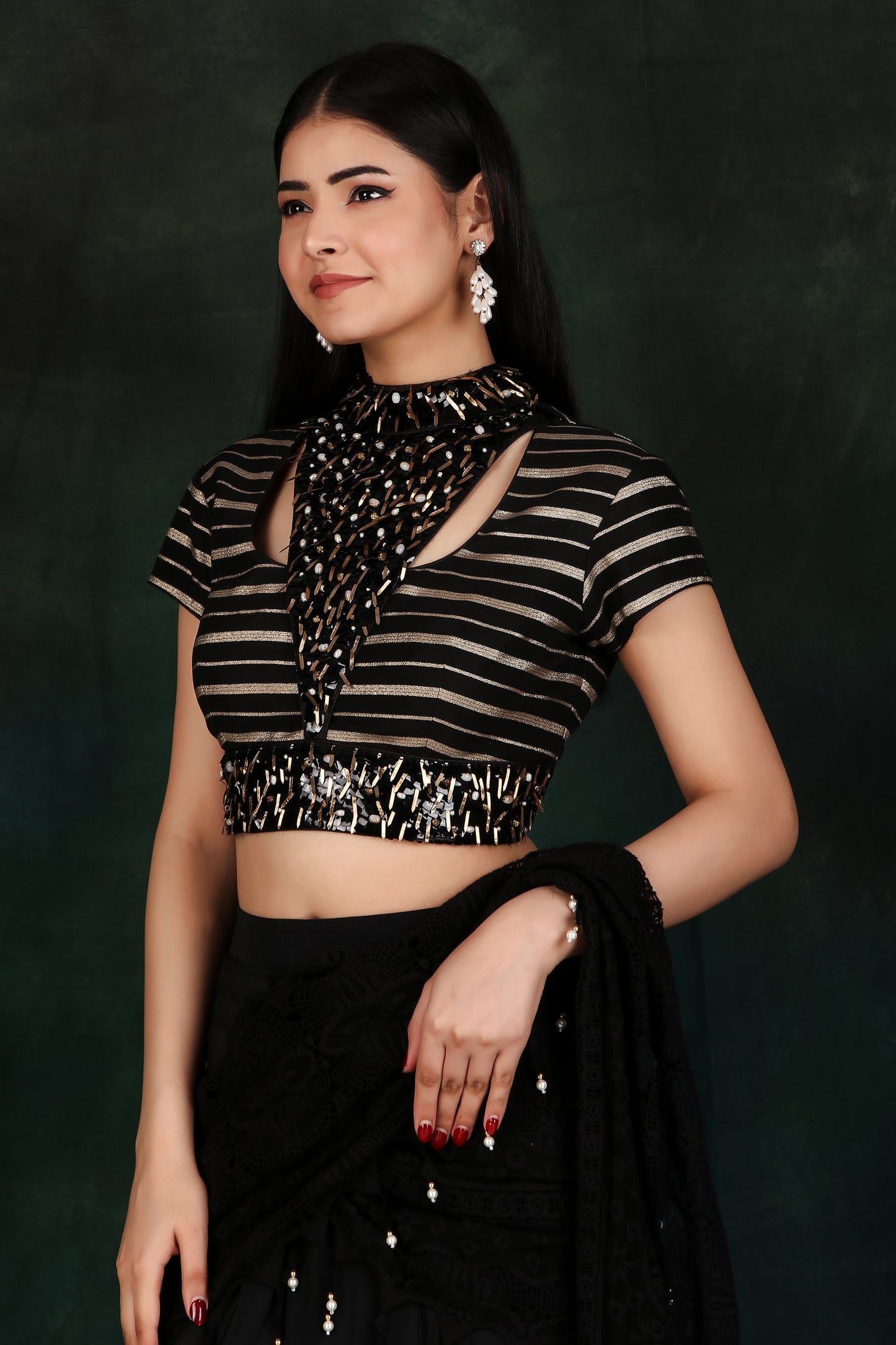 Black Box Pleat Saree With Fancy Cutdana Sequin And Metal Work Stripe Blouse