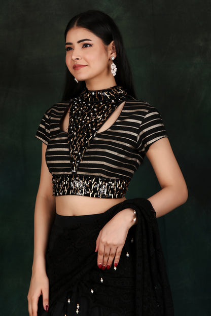 Black Box Pleat Saree With Fancy Cutdana Sequin And Metal Work Stripe Blouse