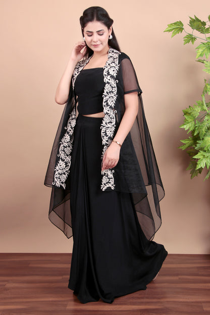 Black Indo-Western Draped Set with Tube Top, Dhoti Skirt and Ivory Floral Embroidered Cape