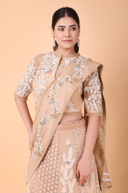 Designer Beige Lehenga Saree With Sequins Pearl And Thread Embroidery And Net Blouse
