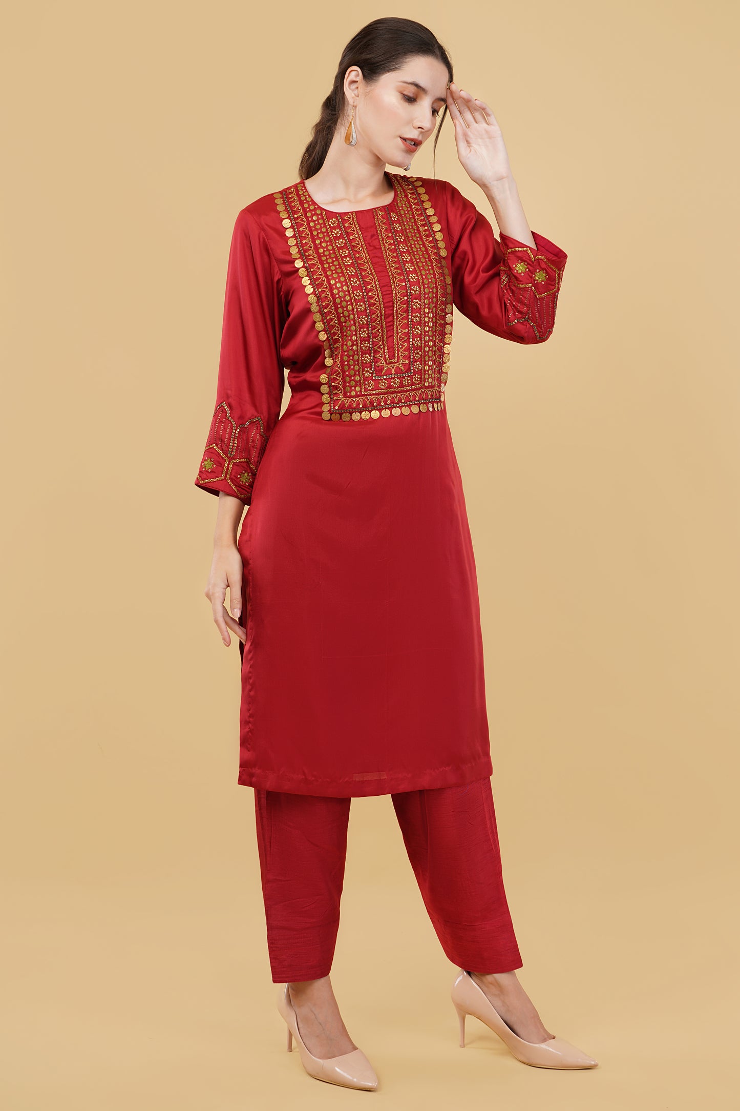 Red Suit Set with Heavy Metal Coin Work on Neckline and Sleeves