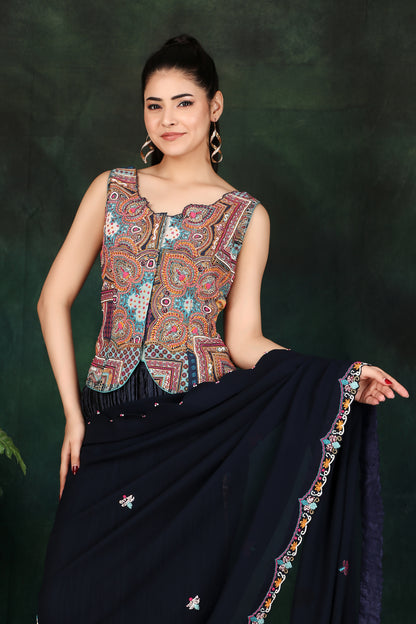 Festive Blue Palazzo Saree in Crushed Silk with Heavy Embroidered Blouse