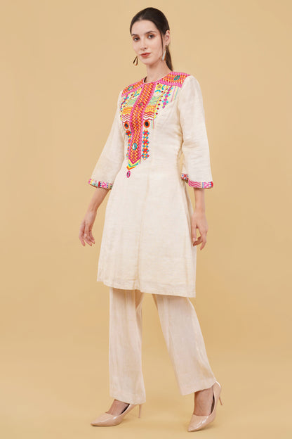 Designer Crème Khadi A-Line Kurta Set Featuring Mirror and Pearl Handwork