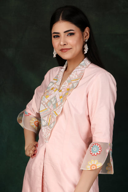 Pink Jaal Net Palazzo Indo-Western Set with Sequin Embellished Collar Jacket