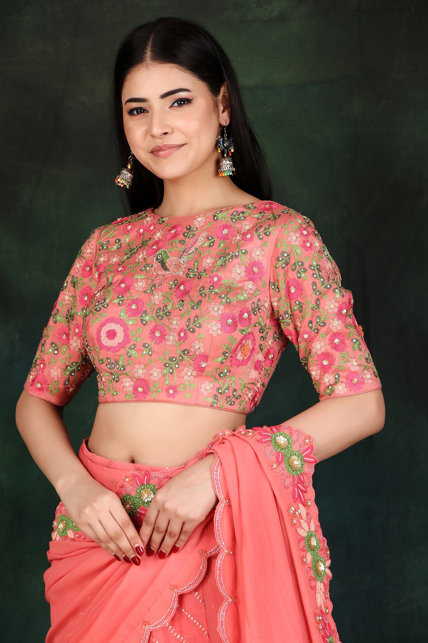 Dark Peach Lehenga Saree with Draped Pallu & Elephant Motif Border Blouse Set