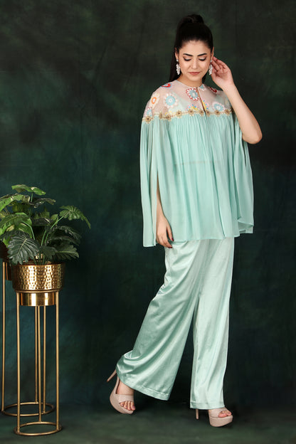 Elegant Aqua 3-Piece Indo-Western Outfit with Pearl And Cutdana Work Cape Lycra Palazzo And Bustier