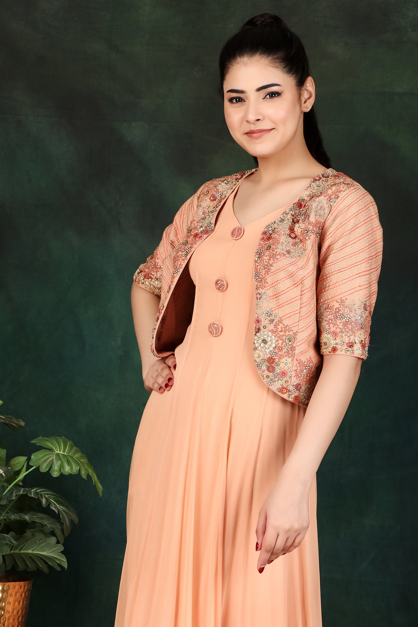 Peach Georgette Anarkali Suit with Thread, Dori & Sequin Work Jacket