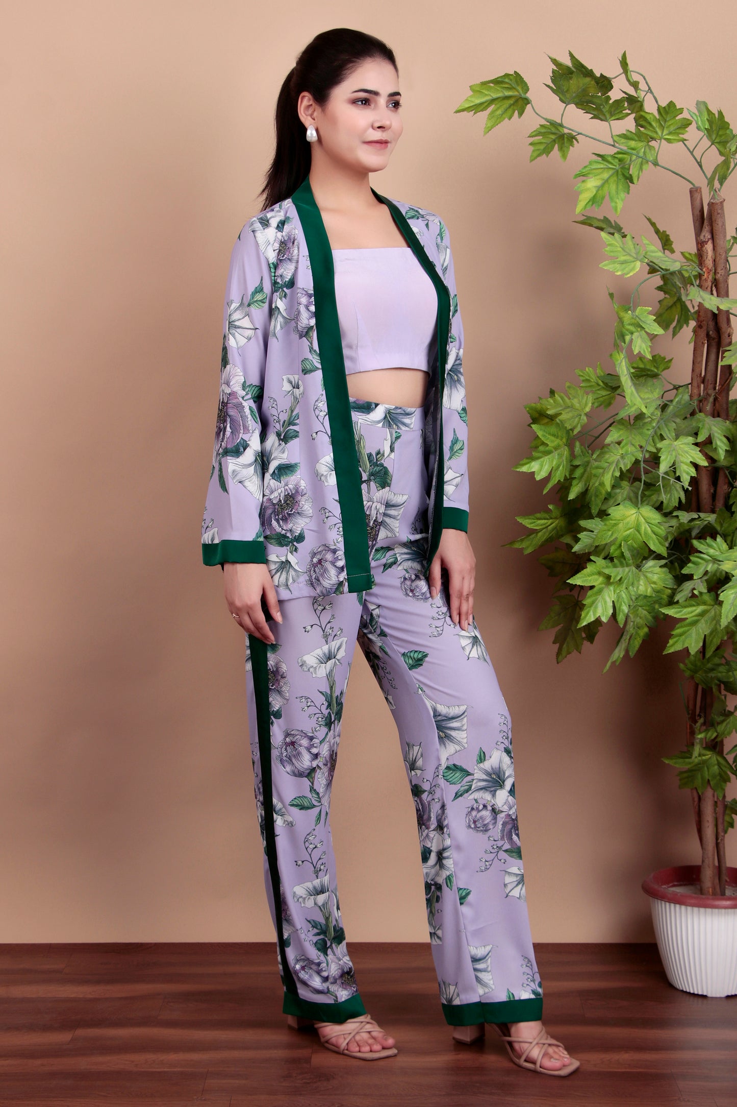 Lilac Indo-Western Floral Blazer Set with Dark Green Trim and Tailored Pants