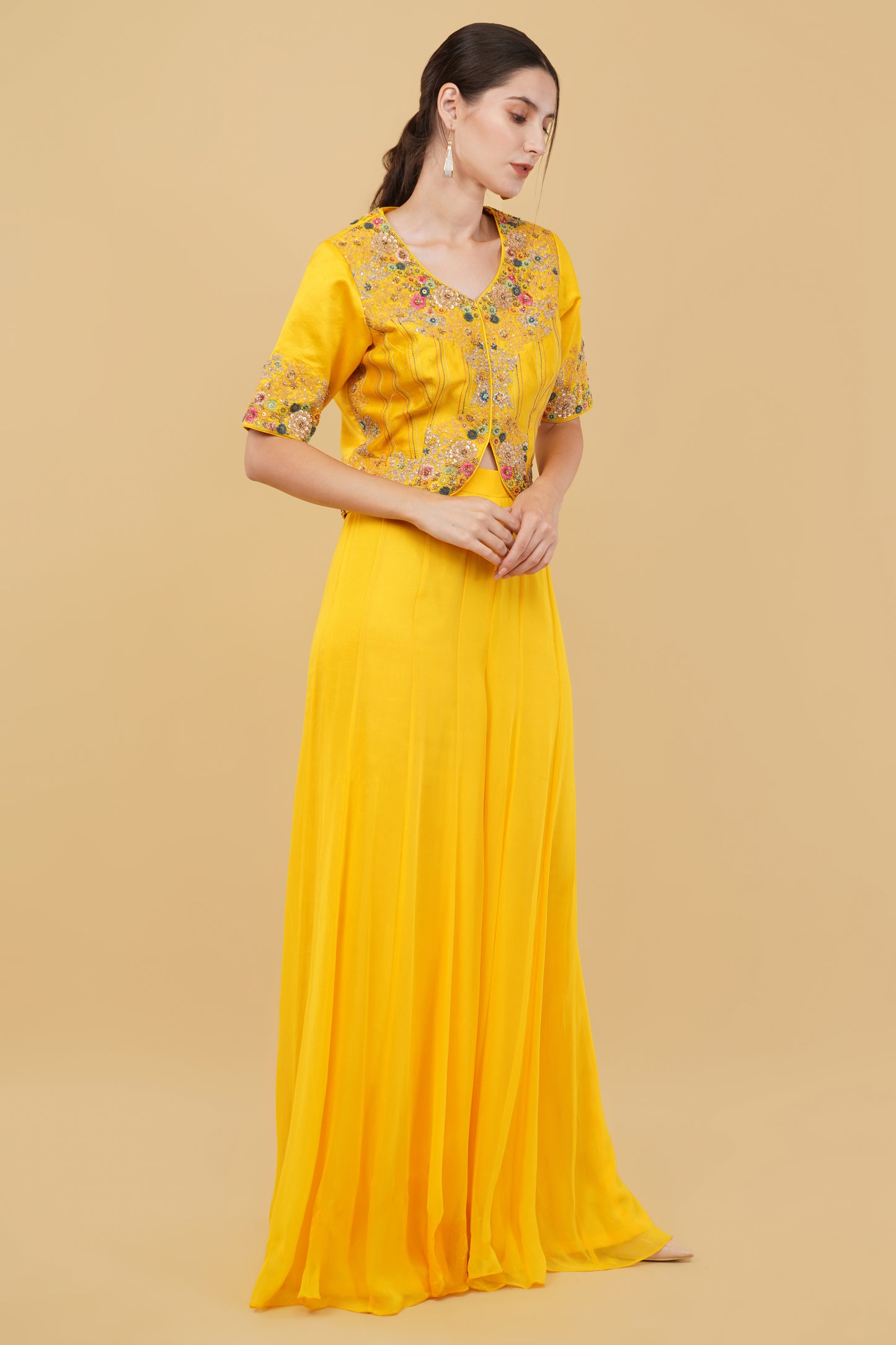 Elegant Yellow Georgette Plazo Set with Ornate Metallic and Dori Work Jacket