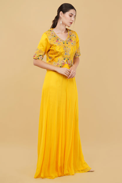 Elegant Yellow Georgette Plazo Set with Ornate Metallic and Dori Work Jacket