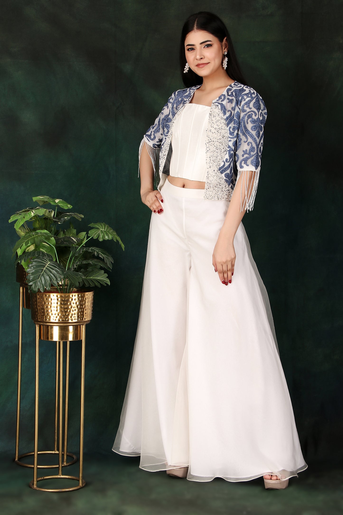3 Piece Indo Western Set with Dupion Corset Organza Palazzo And Pearl Sequin Jacket