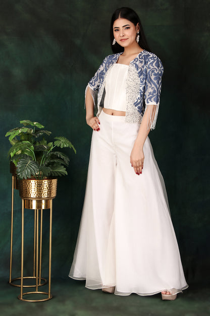 3 Piece Indo Western Set with Dupion Corset Organza Palazzo And Pearl Sequin Jacket