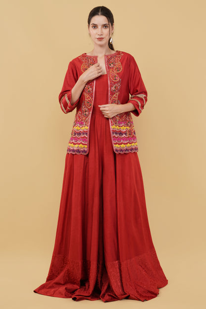 Elegant Red Jumpsuit Outfit with Intricate Thread and Pearl Embroidered Jacket