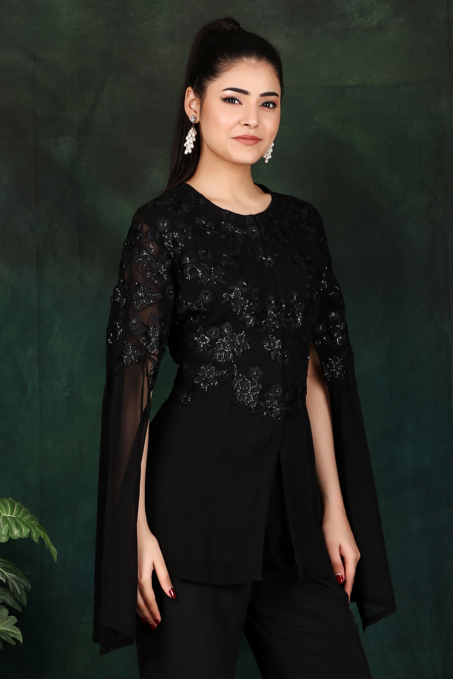 Black Sequin Corset Set with Slit Sleeves for Party And Cocktail Wear