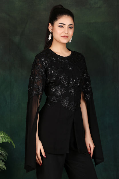 Black Sequin Corset Set with Slit Sleeves for Party And Cocktail Wear