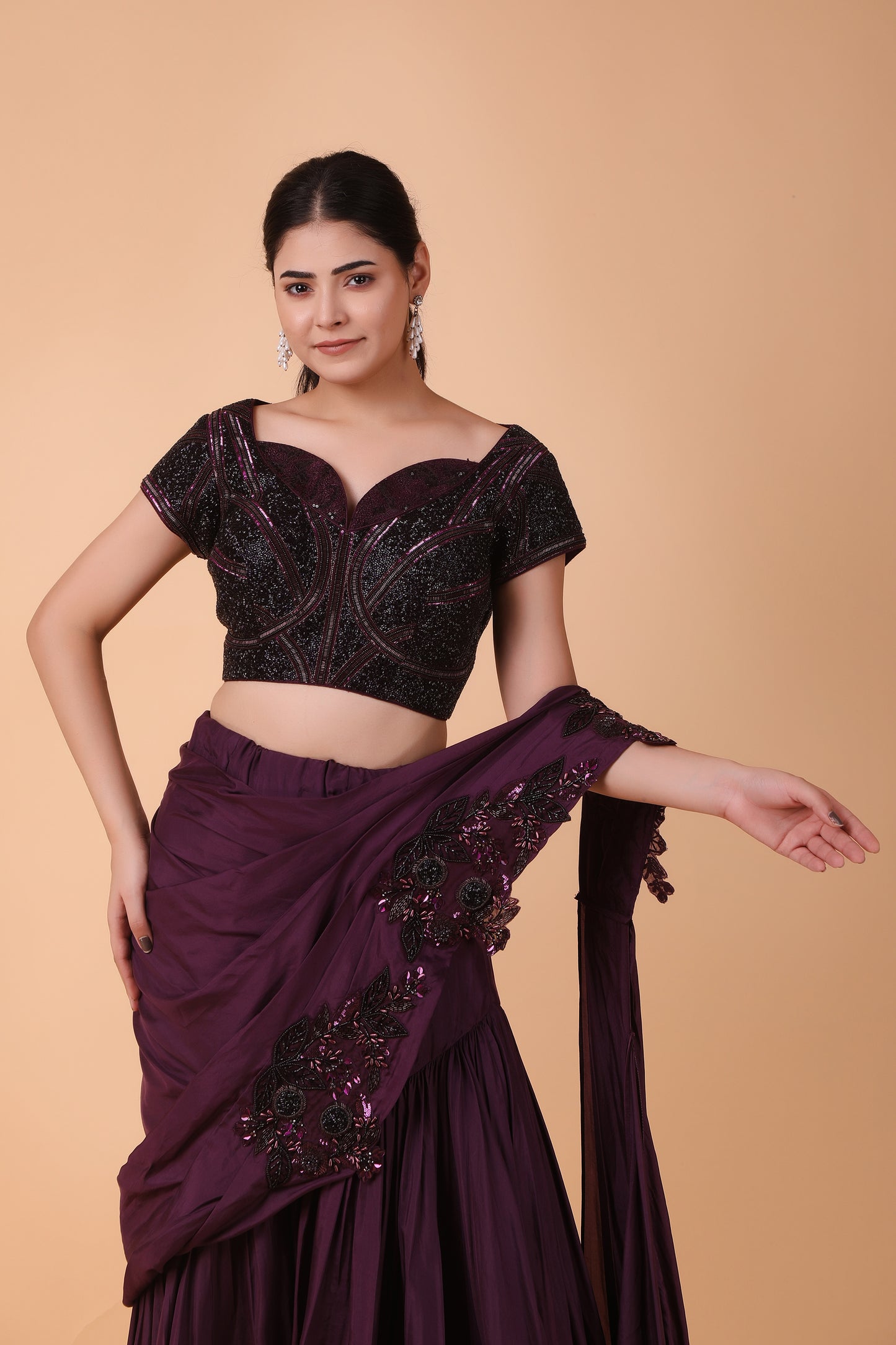 Luxury Purple Draped Saree in Pure Silk with Heavy Embellishment and Handworked Blouse