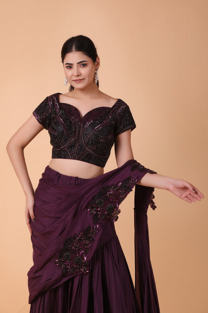Luxury Purple Draped Saree in Pure Silk with Heavy Embellishment and Handworked Blouse