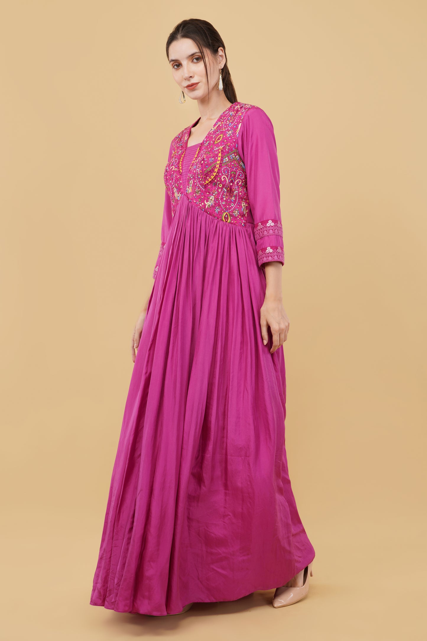 Festive Mauveish Pink Silk Anarkali with Kashmiri Embroidery on Yoke And Organza Dupatta