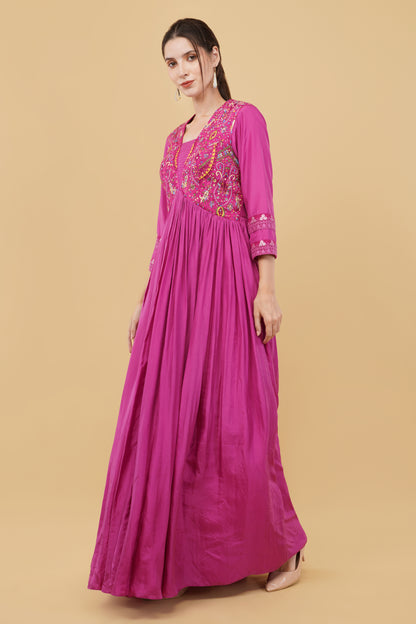 Festive Mauveish Pink Silk Anarkali with Kashmiri Embroidery on Yoke And Organza Dupatta