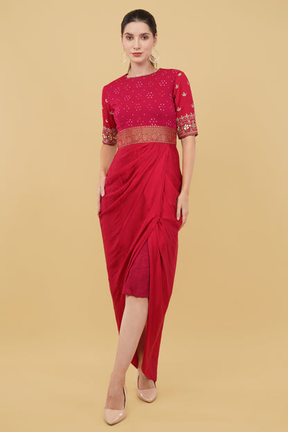 Red Drape Dress with Bandhej Yoke & Sleeves Adorned with Gotta Patti Work